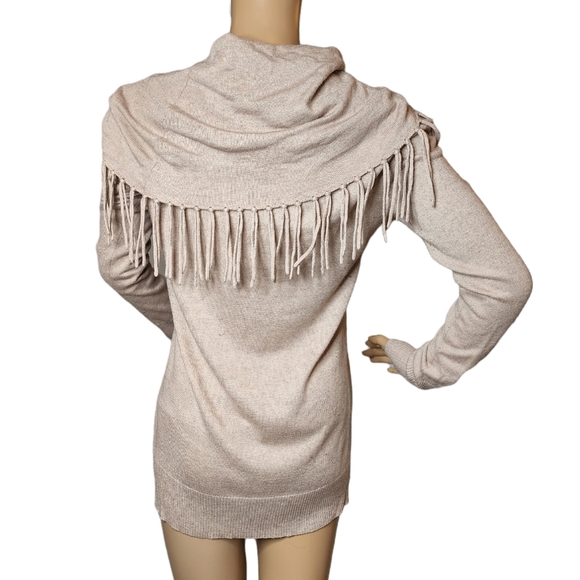 Chelsea & Theodore Wool Blend Beige Sweater Fringe Cowl Neck Size Small - Picture 3 of 15